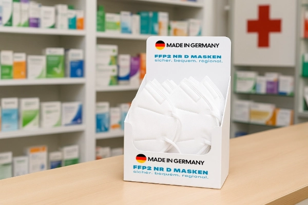 Beispiel für einen mitgelieferten Thekenaufsteller von Bayerwaldmasken